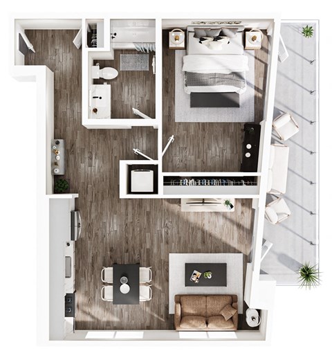 Floor plan for 1 bed, 1 bath, 887 sqft